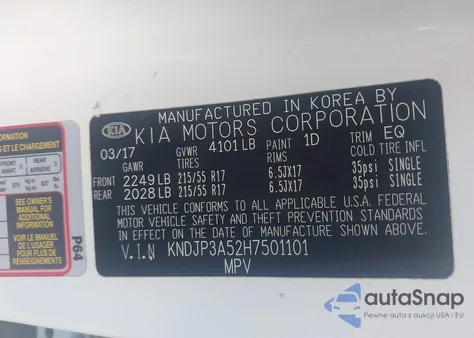 2017 Kia Soul + z USA, uszkodzony, nr VIN KNDJP3A52H7501101